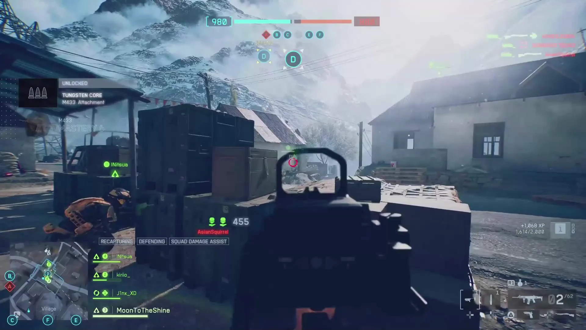 Dense first-person combat gameplay frame showing multiple simultaneous combat events