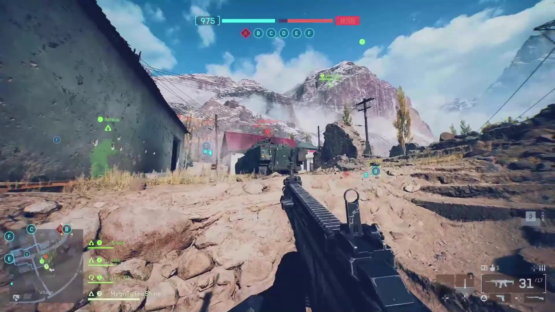 Wide outdoor battlefield gameplay frame showing environmental combat activity