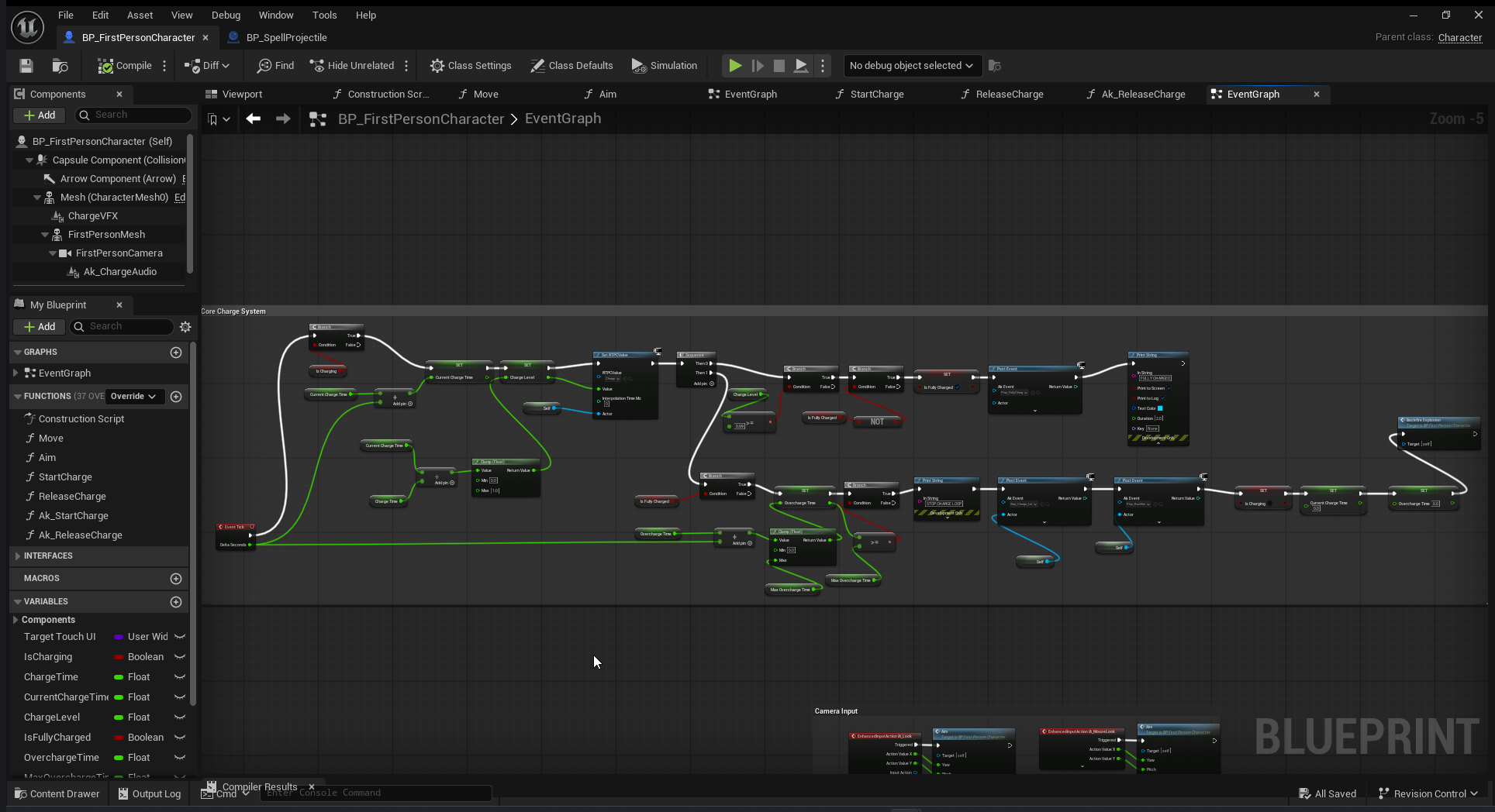 Real Unreal Blueprint graph implementing the Charged Arcane Bolt charge and overcharge state logic.