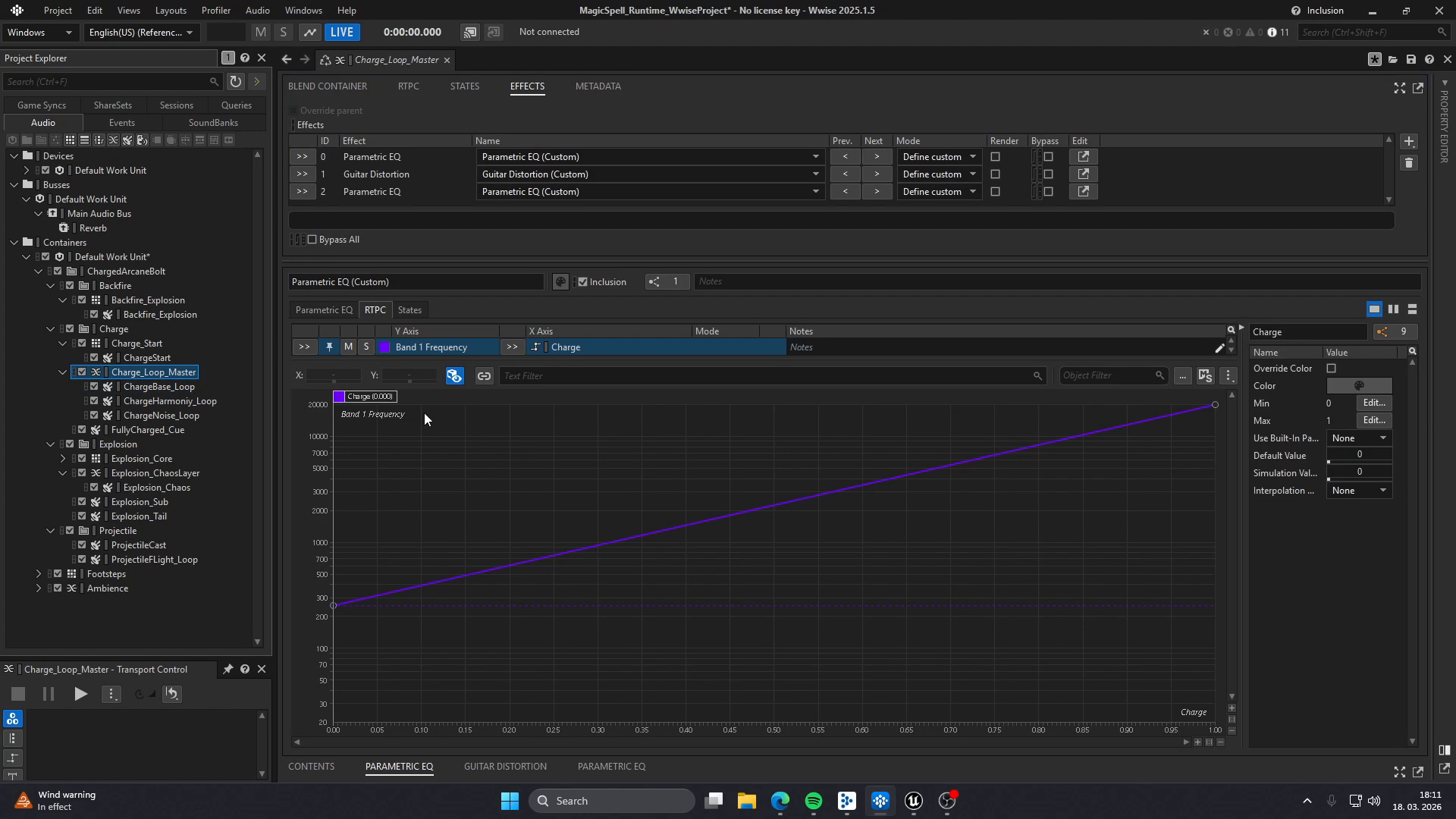 Real Wwise view of the Charge RTPC authoring used for the spell's charge loop.