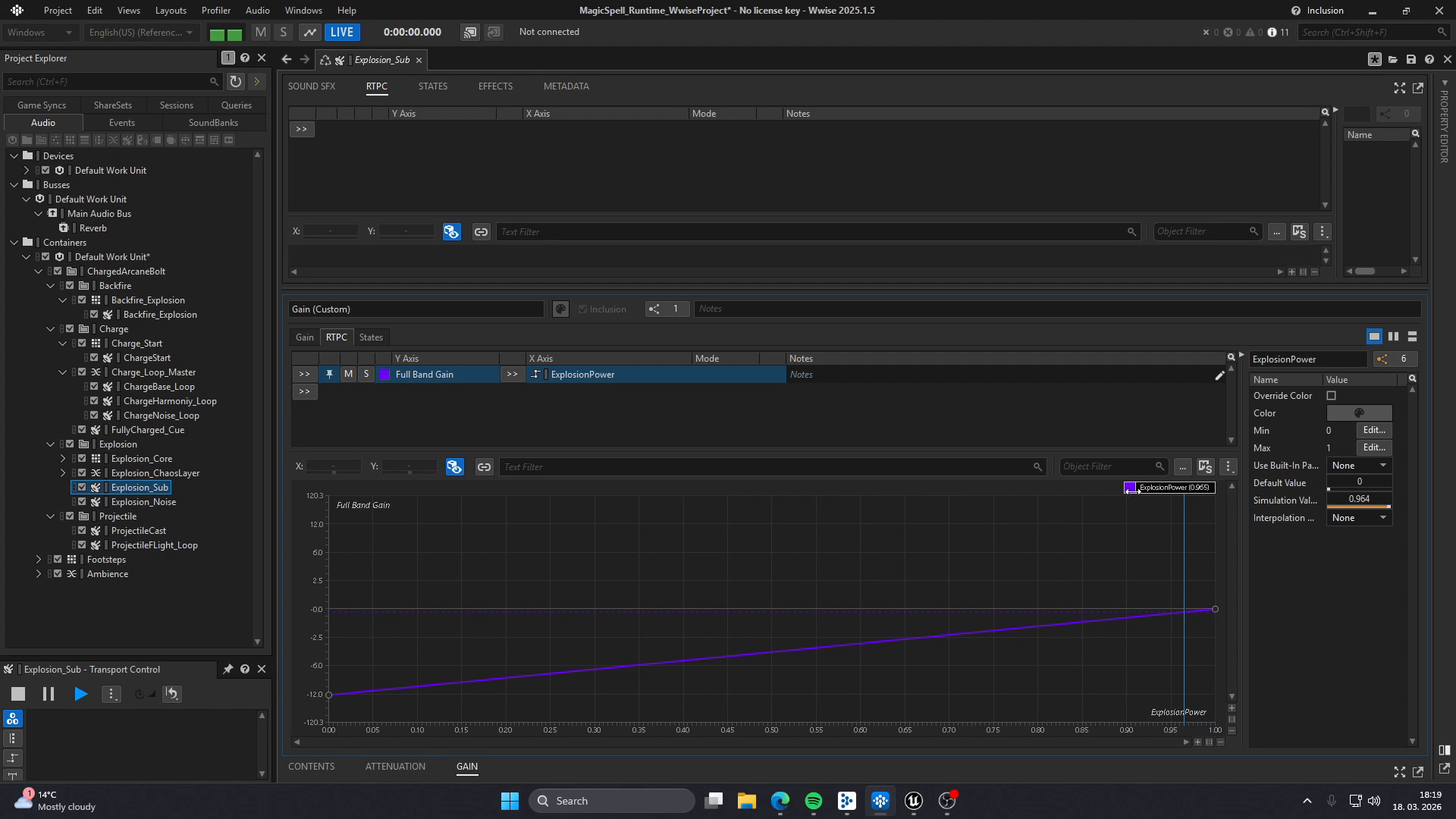 Real Wwise view of the ExplosionPower RTPC scaling the explosion's power-oriented audio layer, including sub-layer gain behaviour.