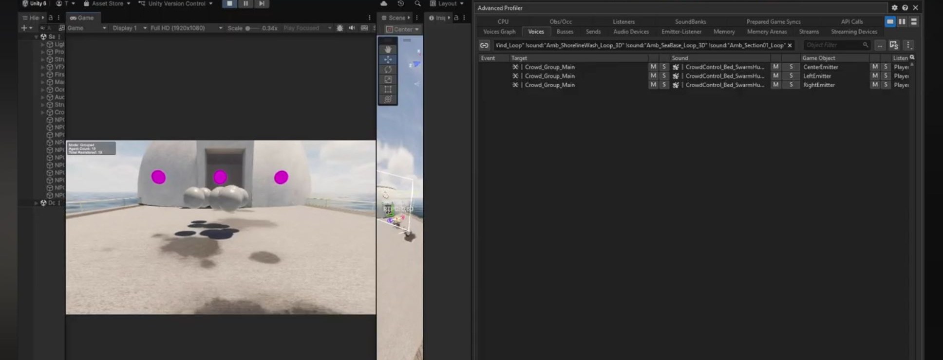 Real Unity and Wwise runtime view showing crowd playback assigned to LeftEmitter, CenterEmitter and RightEmitter.
