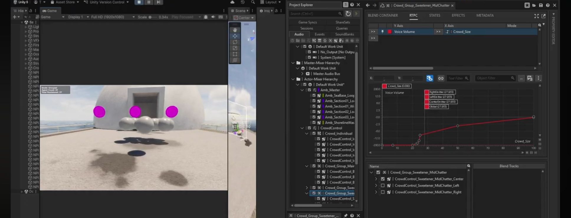 Real Unity and Wwise view showing the Crowd_Size RTPC and a crowd-audio blend graph.