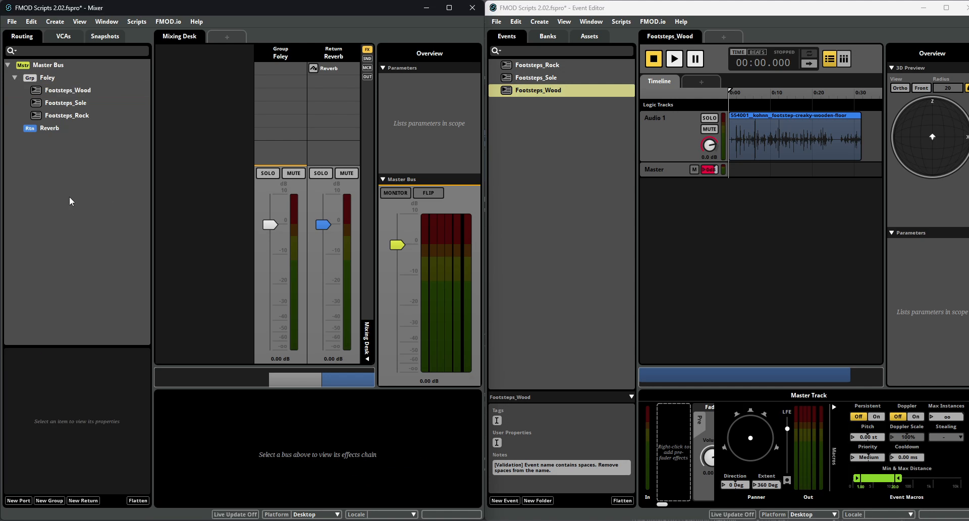 FMOD Studio event Notes field showing a Validation note reading: Event name contains spaces. Remove spaces from the name.