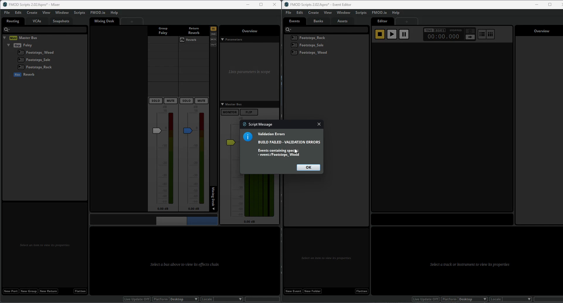 FMOD Studio validation popup showing only a naming error after the routing issue on the same test project was already corrected